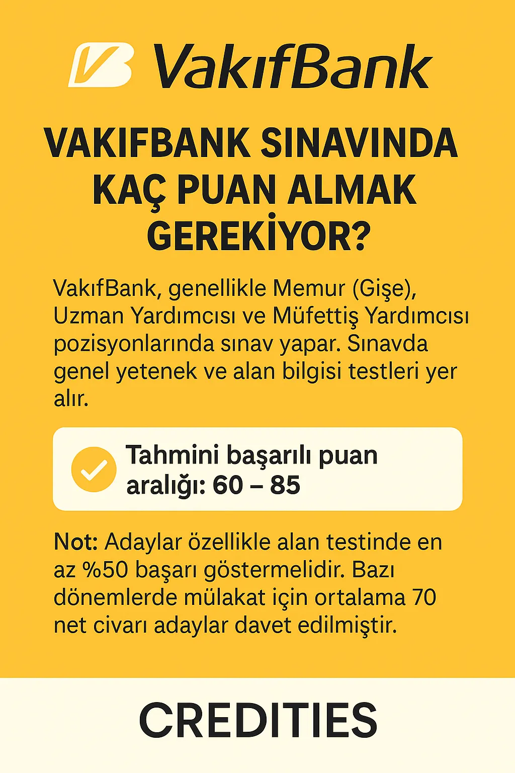 VakıfBank sınavında başarılı olmak için gereken puan aralıklarını gösteren infografik – Memur, Uzman Yardımcısı ve Müfettiş Yardımcısı pozisyonları için ortalama başarı puanları