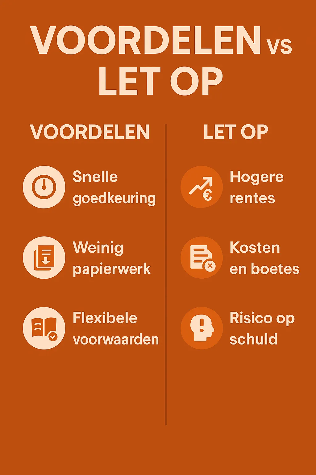 Infographic die voordelen zoals snelheid en gemak vergelijkt met aandachtspunten zoals kosten en rente bij geld lenen.