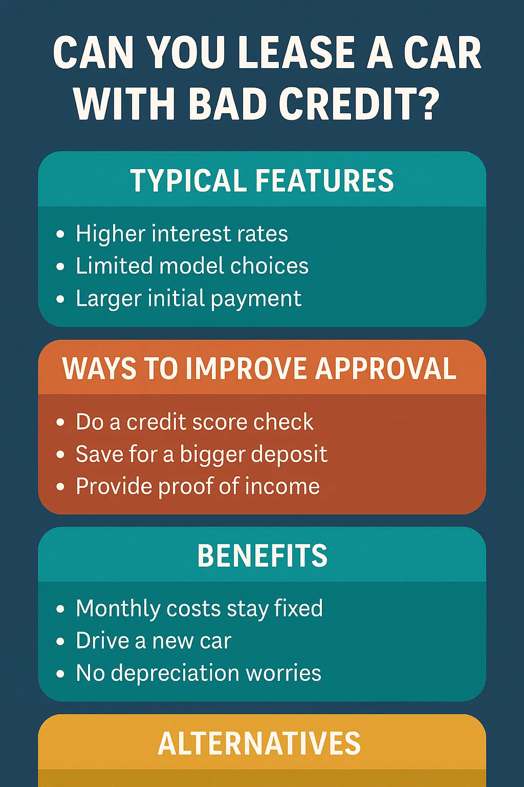 Infographic explaining how to lease a car with bad credit in the UK, covering typical features, approval tips, benefits, and alternatives.