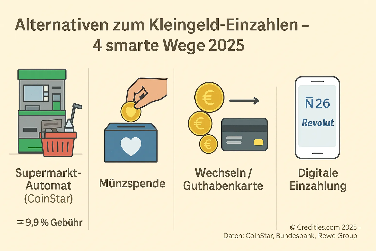 Infografik zeigt vier Alternativen zum Kleingeld-Einzahlen: Supermarkt-Automat, Spendenbox, Guthabenkarte und digitale Einzahlung per App.