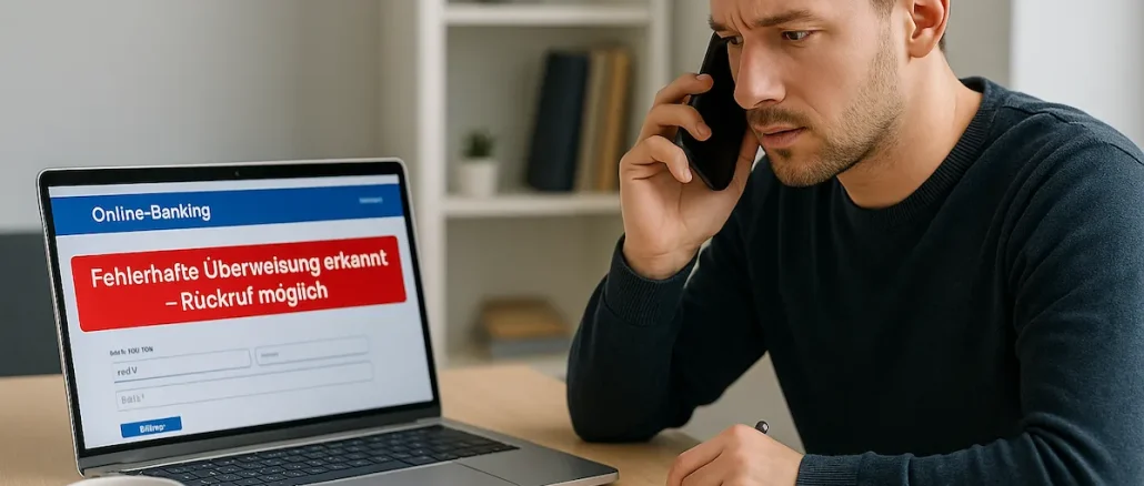 Ein Mann sitzt im Homeoffice vor seinem Laptop mit der Meldung „Fehlerhafte Überweisung erkannt – Rückruf möglich“ und telefoniert mit seiner Bank.