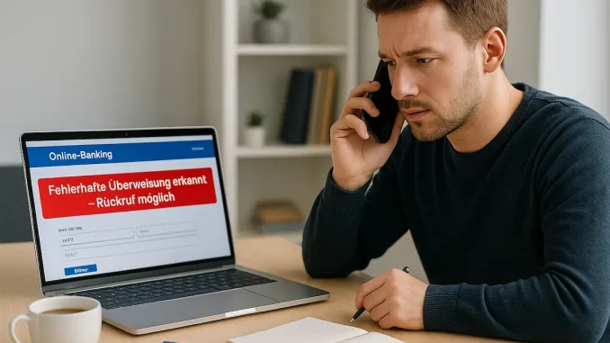 Ein Mann sitzt im Homeoffice vor seinem Laptop mit der Meldung „Fehlerhafte Überweisung erkannt – Rückruf möglich“ und telefoniert mit seiner Bank.
