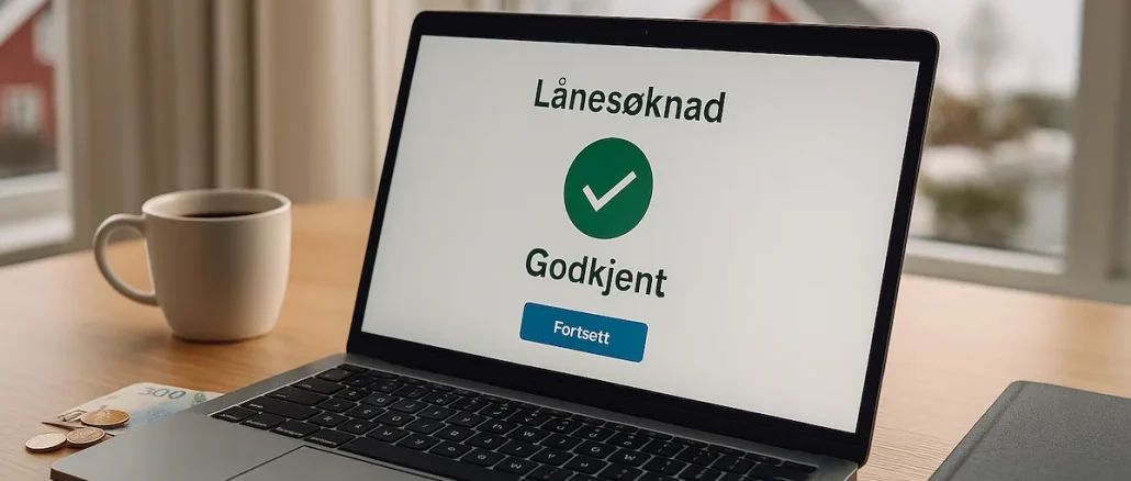 En person søker om forbrukslån uten kredittsjekk på en laptop i et moderne norsk hjem, med kaffekopp og norske kroner på bordet.