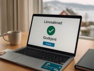 En person søker om forbrukslån uten kredittsjekk på en laptop i et moderne norsk hjem, med kaffekopp og norske kroner på bordet.