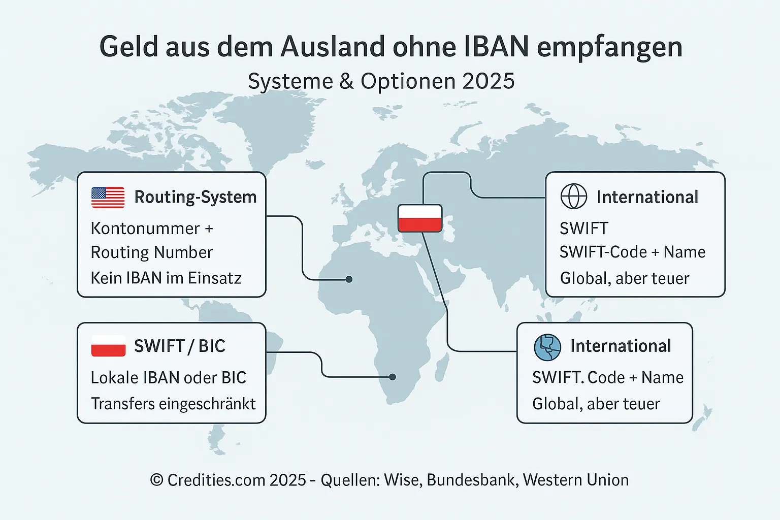 Infografik zeigt internationale Systeme für Geldempfang ohne IBAN: USA (Routing), Russland (SWIFT), Polen (SEPA) und globale SWIFT-Zahlungen.