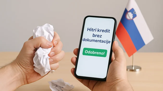 Fotografija prikazuje roke osebe, ki v levi roki drži zmečkane papirje, v desni pa pametni telefon z napisom »Hitri kredit brez dokumentacije – Odobreno!«. Ob strani je vidna slovenska zastavica, kar ponazarja digitalno in brezpapirno pot do kredita v Sloveniji.
