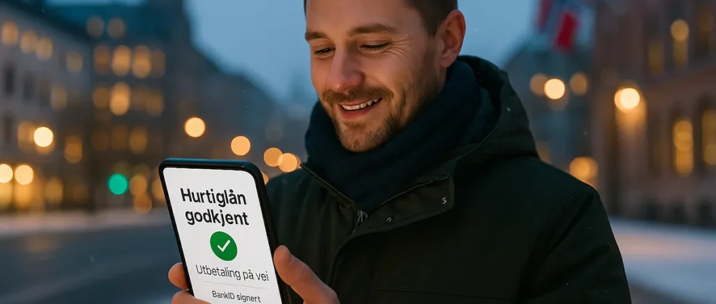 En person står i Oslo sentrum og ser på mobilen sin med melding “Hurtiglån godkjent – Utbetaling på vei”. Vinterlys og norske farger i bakgrunnen.