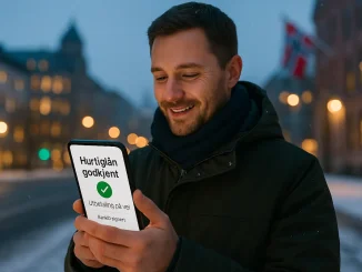 En person står i Oslo sentrum og ser på mobilen sin med melding “Hurtiglån godkjent – Utbetaling på vei”. Vinterlys og norske farger i bakgrunnen.
