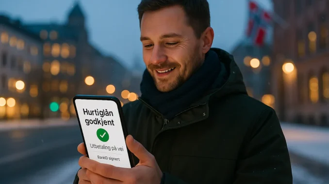 En person står i Oslo sentrum og ser på mobilen sin med melding “Hurtiglån godkjent – Utbetaling på vei”. Vinterlys og norske farger i bakgrunnen.