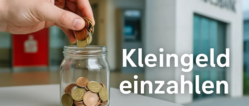 Eine Hand füllt ein Glas mit Euro-Münzen vor einem Sparkasse-Automaten – Symbolbild für das Einzahlen von Kleingeld in Deutschland.