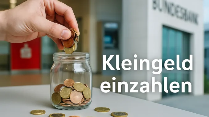 Eine Hand füllt ein Glas mit Euro-Münzen vor einem Sparkasse-Automaten – Symbolbild für das Einzahlen von Kleingeld in Deutschland.