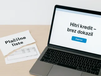 Fotografija prikazuje delovno mizo, na levi strani so strgani dokumenti z oznako »Plačilne liste«, na desni pa odprt prenosnik z napisom »Hitri kredit – brez dokazil«. Na mizi so evrski bankovci, skodelica kave in majhna slovenska zastavica, kar ponazarja prehod iz papirne birokracije v digitalno dobo.