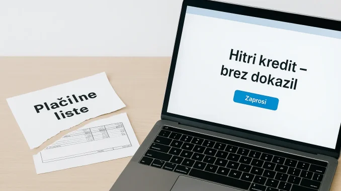 Fotografija prikazuje delovno mizo, na levi strani so strgani dokumenti z oznako »Plačilne liste«, na desni pa odprt prenosnik z napisom »Hitri kredit – brez dokazil«. Na mizi so evrski bankovci, skodelica kave in majhna slovenska zastavica, kar ponazarja prehod iz papirne birokracije v digitalno dobo.