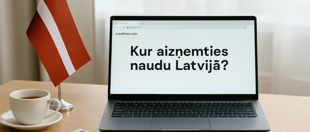 Fotoattēls ar datoru, uz kura ekrāna redzams teksts “Kur aizņemties naudu Latvijā?”. Uz galda atrodas Latvijas karogs, eiro banknotes, kafijas tase un kredīta līgums.