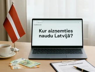 Fotoattēls ar datoru, uz kura ekrāna redzams teksts “Kur aizņemties naudu Latvijā?”. Uz galda atrodas Latvijas karogs, eiro banknotes, kafijas tase un kredīta līgums.