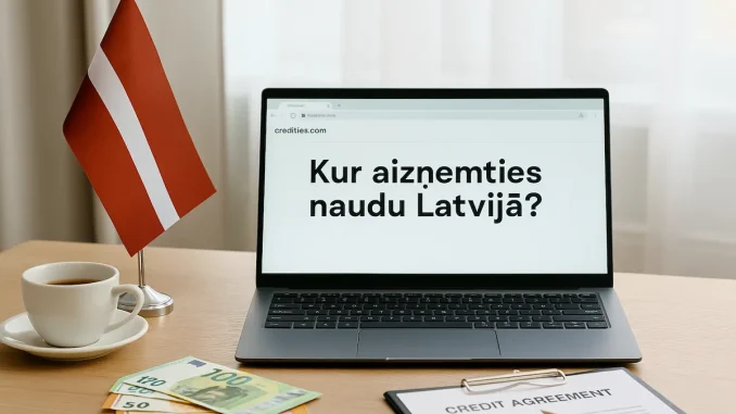Fotoattēls ar datoru, uz kura ekrāna redzams teksts “Kur aizņemties naudu Latvijā?”. Uz galda atrodas Latvijas karogs, eiro banknotes, kafijas tase un kredīta līgums.