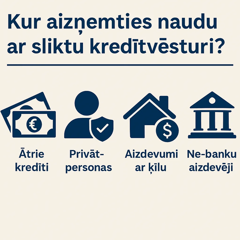 Infografika ar četriem risinājumiem cilvēkiem ar sliktu kredītvēsturi: ātrie kredīti, privātpersonas, pārkreditācija un alternatīvi aizdevumi.