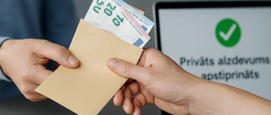 Fotoattēls, kur divas personas apmainās ar aploksni, no kuras redzami eiro banknošu stūri. Uz datora ekrāna redzams teksts “Privāts aizdevums – apstiprināts”.