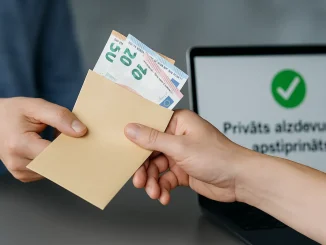 Fotoattēls, kur divas personas apmainās ar aploksni, no kuras redzami eiro banknošu stūri. Uz datora ekrāna redzams teksts “Privāts aizdevums – apstiprināts”.