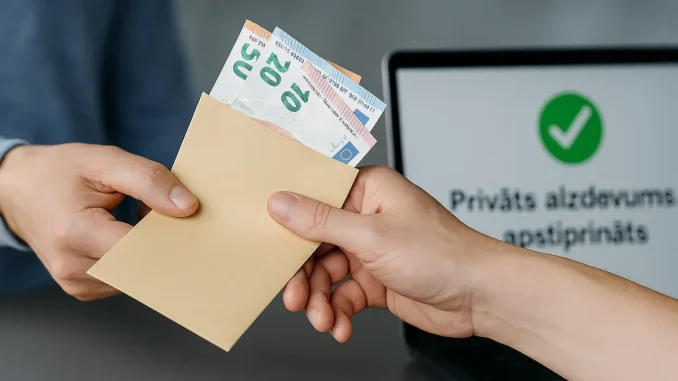 Fotoattēls, kur divas personas apmainās ar aploksni, no kuras redzami eiro banknošu stūri. Uz datora ekrāna redzams teksts “Privāts aizdevums – apstiprināts”.