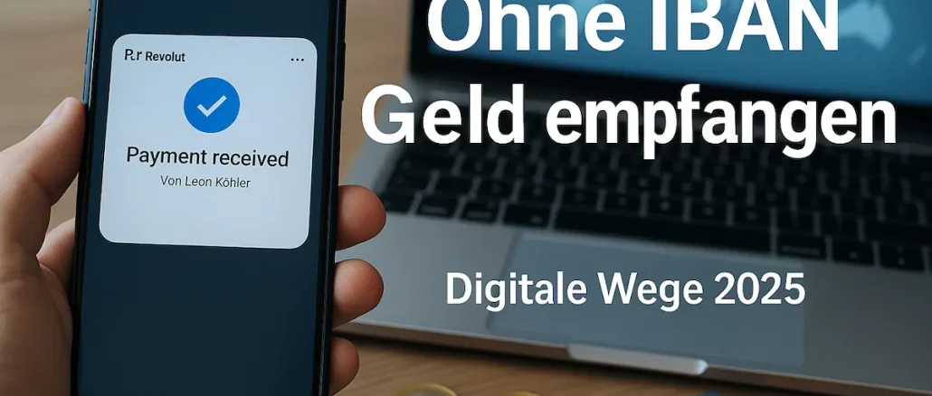Ein Smartphone zeigt eine erfolgreiche Geldempfangs-Benachrichtigung über PayPal oder Revolut. Auf dem Tisch liegen Euro-Münzen, eine Visa-Karte und ein Laptop.