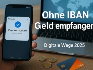 Ein Smartphone zeigt eine erfolgreiche Geldempfangs-Benachrichtigung über PayPal oder Revolut. Auf dem Tisch liegen Euro-Münzen, eine Visa-Karte und ein Laptop.