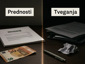 Fotografija prikazuje simbolično primerjavo med prednostmi in tveganji kreditov brez Sisbona. Leva stran je svetla in urejena, z dokumenti in 50-evrskim bankovcem, desna stran pa temnejša in neurejena, kar ponazarja finančna tveganja.