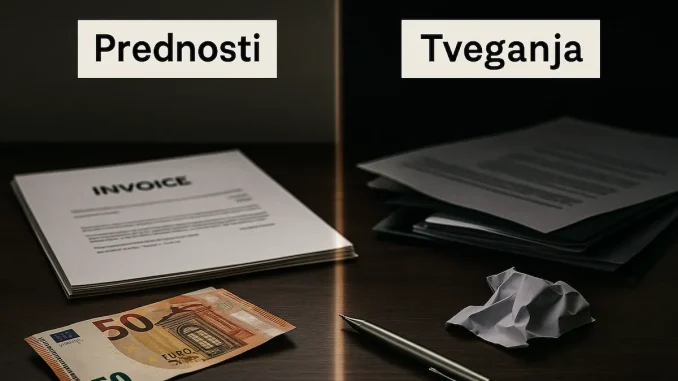 Fotografija prikazuje simbolično primerjavo med prednostmi in tveganji kreditov brez Sisbona. Leva stran je svetla in urejena, z dokumenti in 50-evrskim bankovcem, desna stran pa temnejša in neurejena, kar ponazarja finančna tveganja.