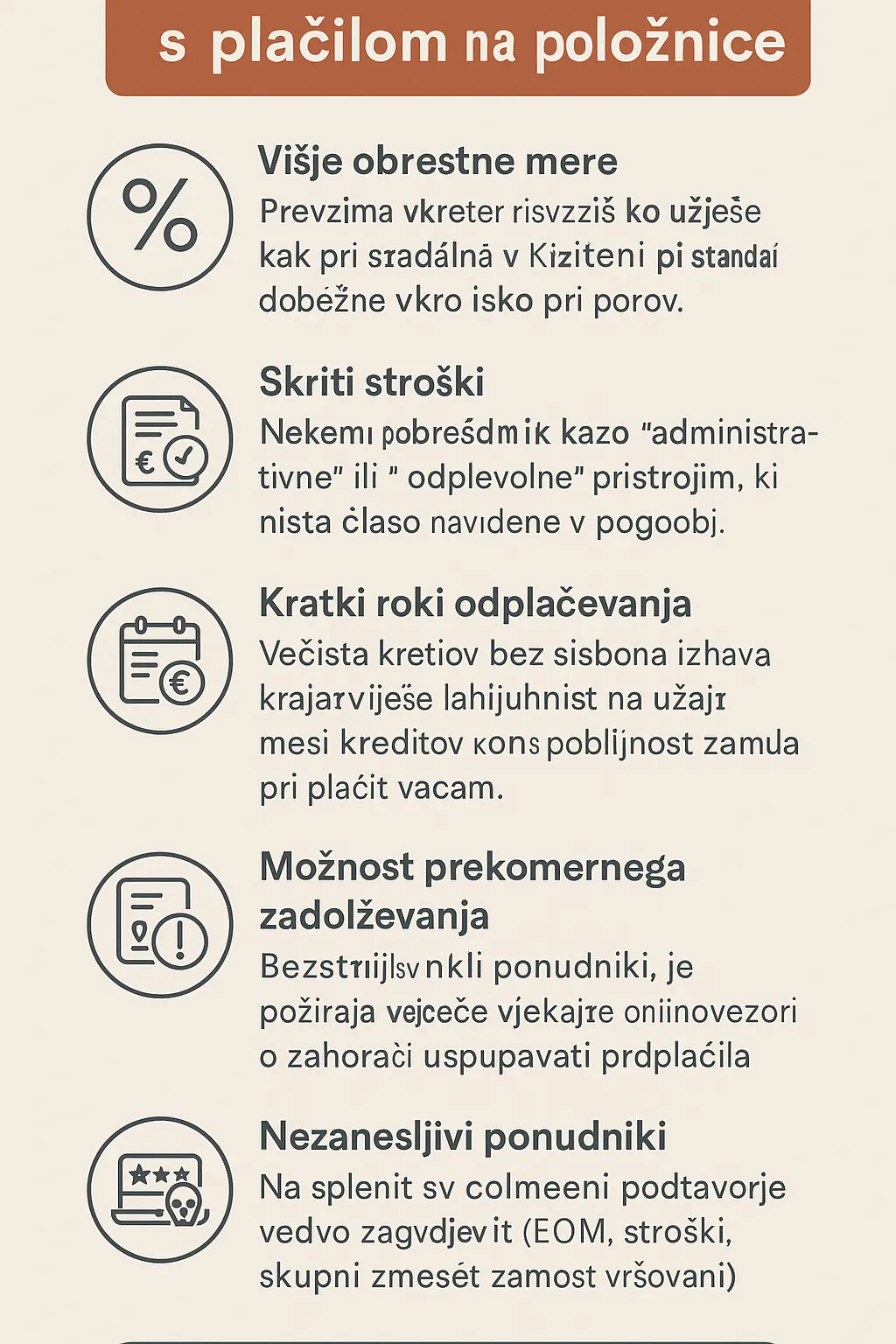 Infografika prikazuje pet glavnih tveganj kreditov brez Sisbona s plačilom na položnice: višje obrestne mere, skrite stroške, kratke roke odplačevanja, prekomerno zadolževanje in nezanesljive ponudnike, z nasvetom za preverjanje pri AJPES in Banka Slovenije.