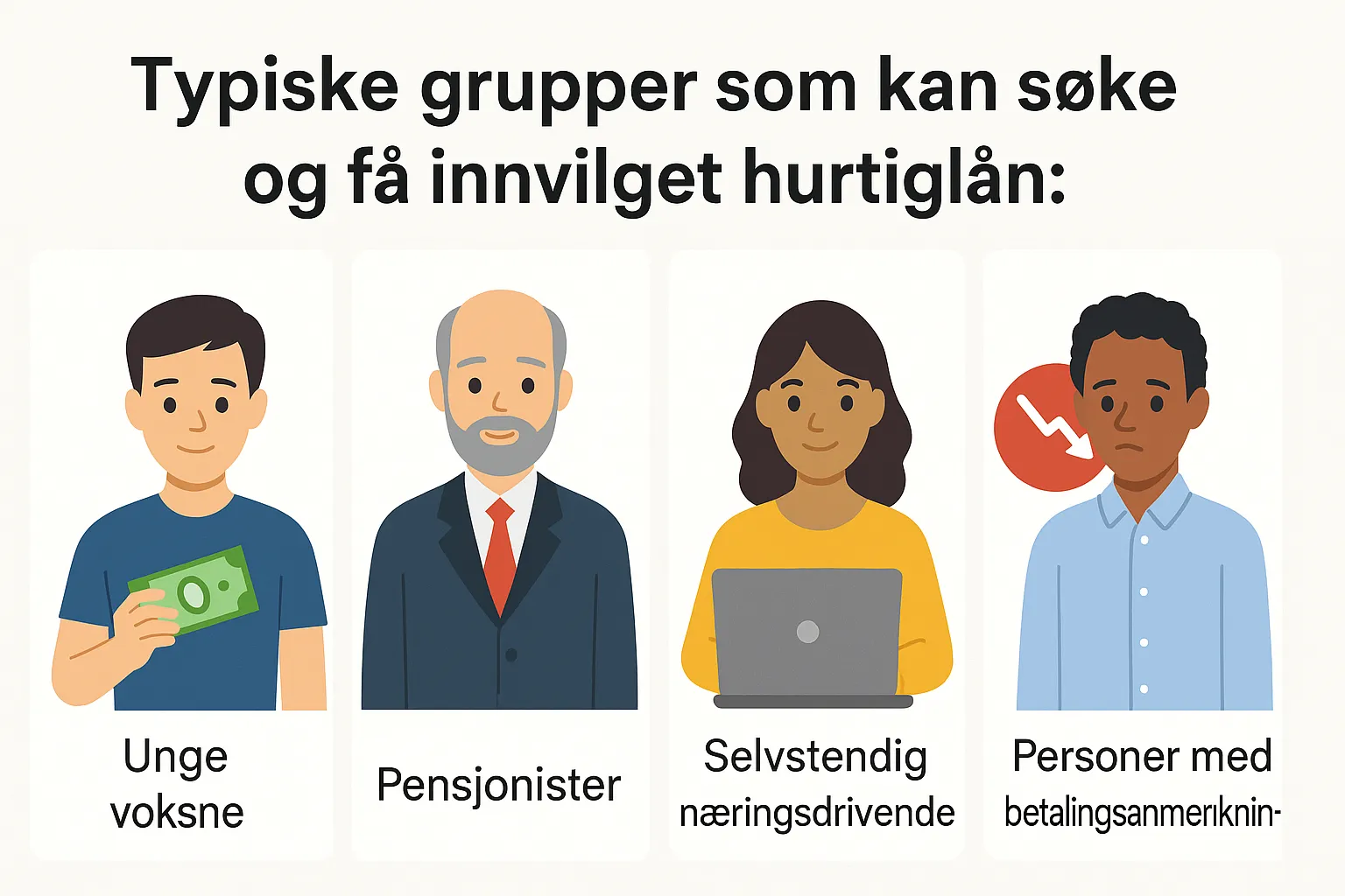 infografikk som viser fem typiske grupper som kan få hurtiglån i Norge: fast inntekt, betalingsanmerkning, selvstendig næringsdrivende, trekk hos namsmannen og akutt behov.